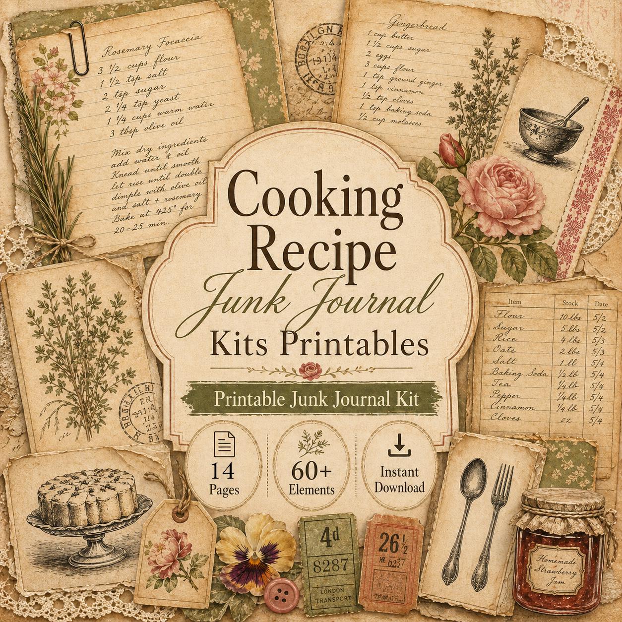 Cooking Recipe Junk Journal Kit Printable, Ephemera Scrapbook Digital ...