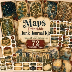 Puede incluir: Un kit de diario basura imprimible con 72 páginas de efímeros de aventuras de viaje. La colección incluye varios diseños de mapas, ilustraciones de paisajes, motivos de brújulas y etiquetas decorativas en colores vintage como azul, oro y marrón.