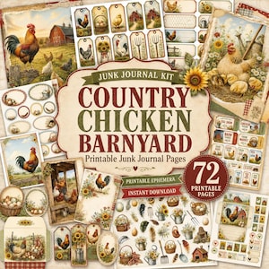 Könnte beinhalten: Ein Junk-Journal-Set mit dem Titel Country Chicken Barnyard, das 72 druckbare Ephemera-Seiten enthält. Die Sammlung umfasst Illustrationen von Hähnen, Hühnern, Küken, Sonnenblumen, Scheunen und landwirtschaftlichen Geräten im rustikalen Vintage-Stil.
