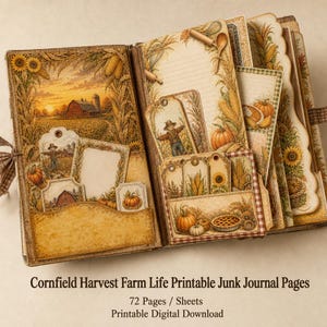 Peut inclure: Un ensemble de pages de journal créatif imprimables sur le thème de la récolte et de la vie à la ferme. Les pages présentent des illustrations de champs de maïs, granges, épouvantails, citrouilles et tournesols dans des tons automnaux.