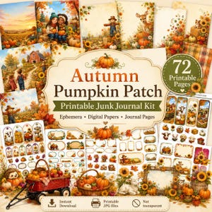 Può includere: Un set di 72 pagine stampabili per junk journal a tema campo di zucche autunnale. Il kit include carte digitali, ephemera e pagine decorate con zucche, girasoli, spaventapasseri e animali da fattoria in calde tonalità arancioni e marroni.