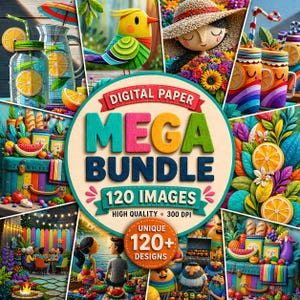 Könnte beinhalten: Grafik eines digitalen Papier-Mega-Bundles mit 120 Bildern. Das Bild zeigt farbenfrohe Illustrationen von Essen, Getränken und Menschen, die Outdoor-Aktivitäten genießen. Der Text auf dem Bild lautet "Digital Paper Mega Bundle 120 Images High Quality 300 DPI Unique 120+ Designs."
