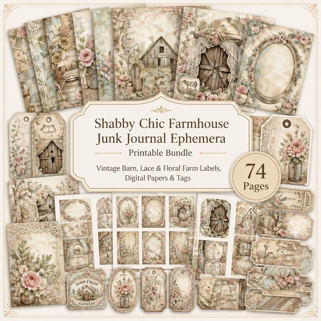 Shabby Chic Farmhouse Junk Journal Kit Printable Ephemera Scrapbook ...