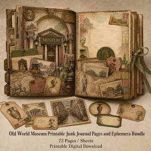 May include: A junk journal featuring an open book with pockets filled with vintage-style museum-themed ephemera, including tags, cards, and illustrations of classical architecture, statues, and vases in sepia and muted tones with a green ribbon.