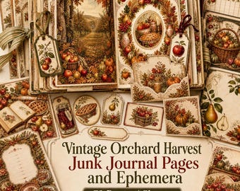 May include: A collection of junk journal pages and ephemera featuring vintage orchard harvest illustrations of apples, pears, pumpkins, and baskets. The set includes 72 pages and sheets with warm autumn colors, decorative tags, and printed text.