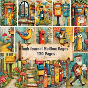 Peut inclure: Illustrations fantaisistes de boîtes aux lettres, d'oiseaux et de personnes distribuant du courrier. Le texte "Junk Journal Mailbox Pages - 120 Pages -" est affiché sur un parchemin. L'œuvre a un style coloré et de conte de fées.