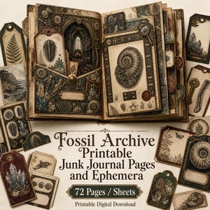 Może przedstawiać: Kolekcja stron do druku i efemeryd zatytułowana Fossil Archive, zawierająca 72 strony ilustracji w stylu vintage, w tym amonity, kryształy, paprocie i architekturę gotycką na postarzanym papierze z różnymi etykietami i zawieszkami.