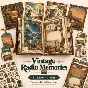 May include: A collection of printable digital scrapbook pages and tags featuring vintage radio themes, including illustrations of antique radios, microphones, towers, and landscapes, with the text Vintage Radio Memories 72 Pages / Sheets.