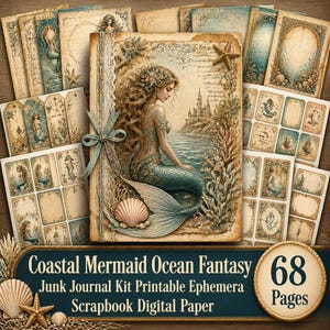 May include: A selection of vintage-style scrapbook paper and ephemera with a mermaid theme. The central image depicts a mermaid by the sea. The set includes tags, cards, and journal pages with a coastal ocean fantasy design. The text reads "Coastal Mermaid Ocean Fantasy" and "68 Pages."