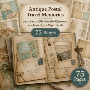 May include: An open journal with vintage ephemera, including postcards and tags, is displayed. The journal is surrounded by additional scrapbook elements. The text reads "Antique Postal Travel Memories" and "75 Pages."