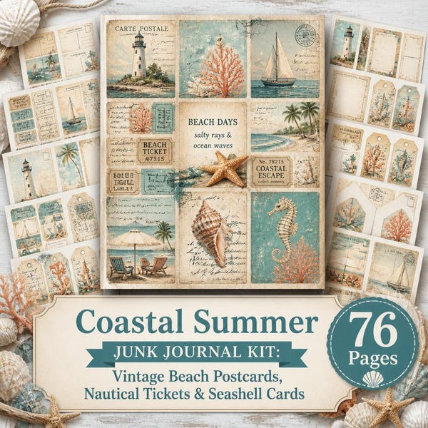 Coastal Summer Junk Journal Kit Printable Ephemera Scrapbook Digital Paper Beach Postcards Shells (Digital Download)