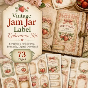 以下が含まれることがあります： イチゴをテーマにしたヴィンテージエフェメラキット。キットには、「Strawberry Jam」や「Homemade Goodness」などのテキストを含むラベル、タグ、ジャーナルページが含まれています。カラーパレットは、ソフトピンク、グリーン、クリームを使用しています。
