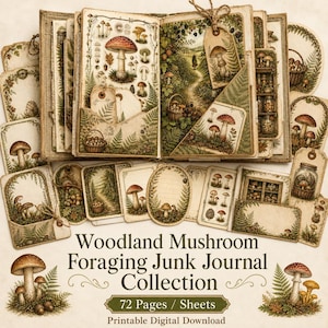 May include: A junk journal collection featuring 72 pages of woodland mushroom and foraging illustrations. The pages display various mushroom species, ferns, and forest scenes in earthy tones. Text reads: Woodland Mushroom Foraging Junk Journal Collection.