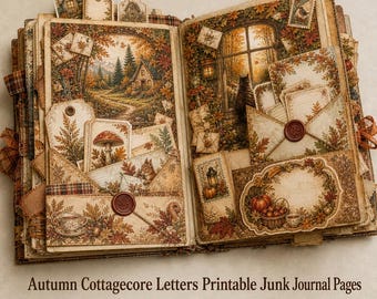 May include: An open junk journal featuring autumn-themed pages with illustrations of a forest cottage, mushrooms, squirrels, and fall foliage. The pages include envelopes, tags, and decorative borders with warm orange, brown, and gold tones throughout.