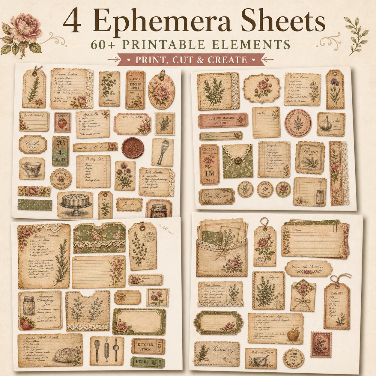 Cooking Recipe Junk Journal Kit Printable, Ephemera Scrapbook Digital ...