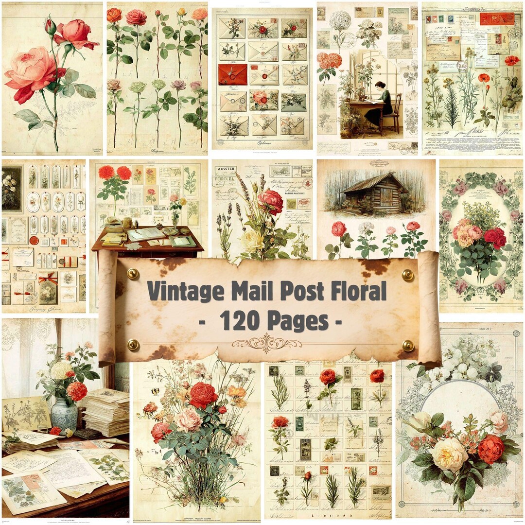 Vintage Mail Post Floral Scrapbook Junk Journal Kit, Printable Ephemera ...