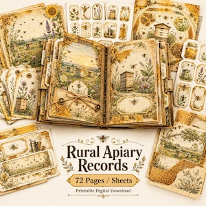 Puede incluir: Una colección de hojas de papel impresas y un diario abierto con ilustraciones de colmenas, panales, abejas y flores silvestres en tonos amarillos y marrones. El texto Rural Apiary Records 72 Pages / Sheets Printable Digital Download es visible.