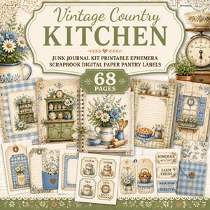 May include: A collection of vintage-style scrapbook ephemera and pantry labels. The design features floral arrangements, kitchen-themed illustrations, and the text "Vintage Country Kitchen." Includes 68 pages of printable digital paper.