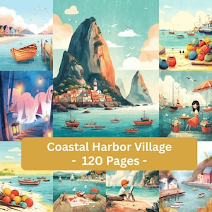 Coastal Harbor Village Digital Paper Bundle, Seaside Harbor Scrapbook Papers, Nautical Coastal Backgrounds, Printable Craft Paper Pack