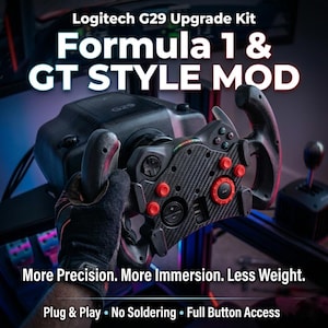 Puede incluir: Kit de actualización Formula 1 & GT STYLE MOD negro y rojo para Logitech G29. El kit presenta un diseño de fibra de carbono con botones rojos y el texto "More Precision. More Immersion. Less Weight."