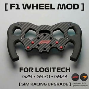 May include: A carbon fiber F1 wheel mod for Logitech G29, G920, and G923 sim racing setups. The black steering wheel attachment features a central red F1 logo, four red buttons, and ergonomic grips. Text includes F1 WHEEL MOD, FOR LOGITECH, and SIM RACING UPGRADE.