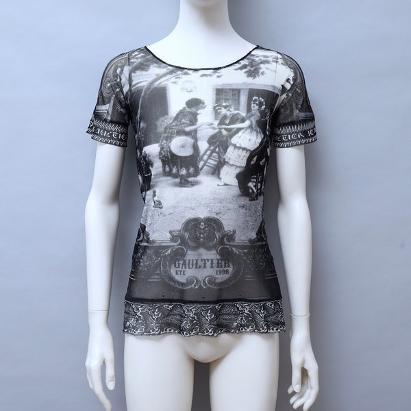 S/S 1998 Jean Paul Gaultier black and white photograph mesh t-shirt