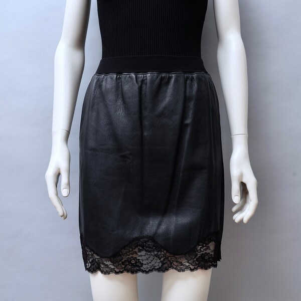 S/S 1986 Jean Paul Gaultier pour Ghezzi black leather skirt with lace hem - small