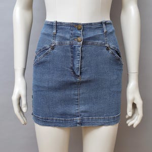 1990s Plein Sud blue stretch denim mini skirt - small / medium