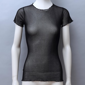 1990s Jean Paul Gaultier black short sleeve lettuce hem mesh shirt