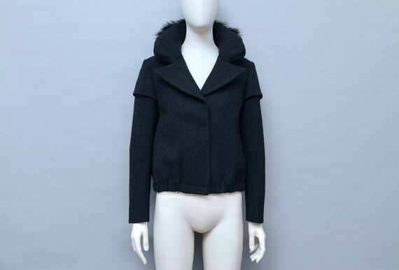 2000s Prada Dark Gray Padded Neck Faux Fur Trim Wool Blouson 