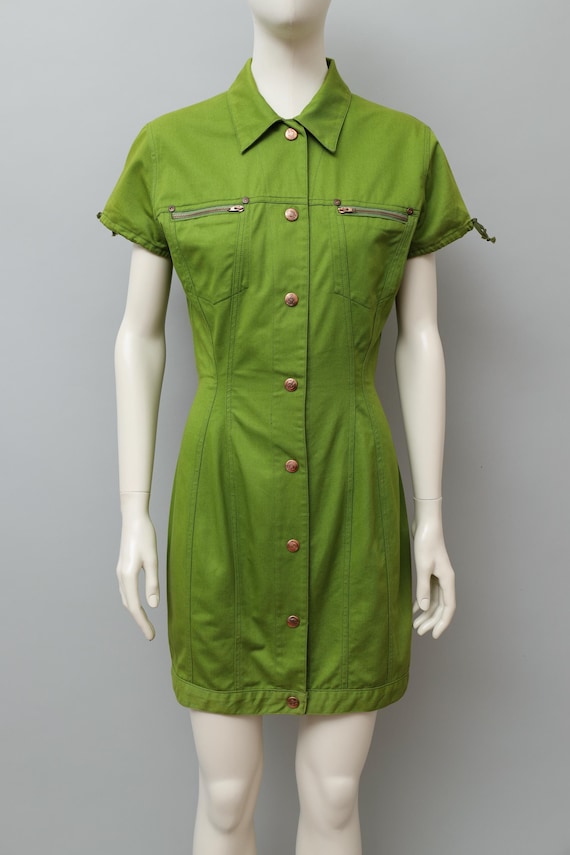 early 1990s Junior Gaultier by Jean Paul Gaultier green denim dress - small  / medium