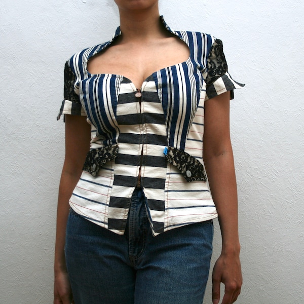 1990s Jeans de Christian Lacroix elizabethan neckline stripes and lace zip up top - medium