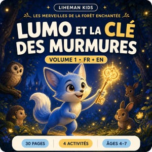 Könnte beinhalten: Ein Kinderbuchcover mit dem Titel LIHEMAN KIDS LES MERVEILLES DE LA FORÊT ENCHANTÉE LUMO ET LA CLÉ DES MURMURES VOLUME 1 FR + EN. Es zeigt einen blauen Fuchs, der einen leuchtenden goldenen Schlüssel hält, umgeben von Eule, Igel, Reh und Hase.