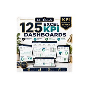 Könnte beinhalten: Ein digitales Produktpaket mit dem Titel 125 Excel KPI Dashboards von Liheman, das vier Tablet-Bildschirme mit verschiedenen Datendiagrammen, Grafiken und Finanzkennzahlen zeigt. Das Layout enthält Symbole für Scorecards, Executive KPI, Excel und Sofort-Download.