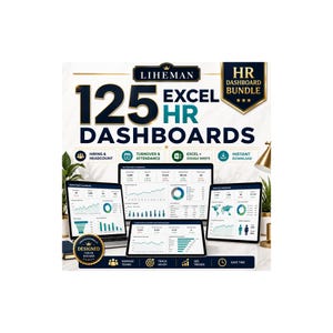 Peut inclure: Un affichage de produit numérique présentant 125 tableaux de bord RH Excel par Liheman. Le graphique inclut du texte, des icônes pour le recrutement, le roulement et l'assiduité, ainsi que plusieurs tablettes affichant des données.