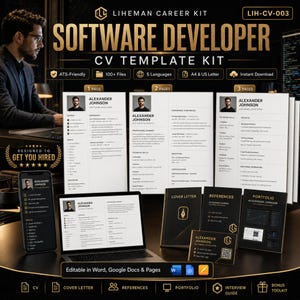 Pode incluir: Um kit de modelos de currículo para desenvolvedor de software Liheman Career Kit, incluindo um laptop exibindo um currículo, três páginas de currículo impressas, uma carta de apresentação, referências, um portfólio e um cartão de visita, tudo com elementos de marca dourados e pretos.