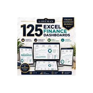 May include: A digital product display for the Liheman Finance Dashboard Bundle featuring 125 Excel finance dashboards. The graphic shows multiple screens displaying financial charts, graphs, and data tables, with text labels for budget, cash flow, and forecast.