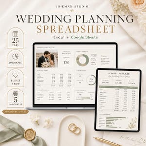 Op de afbeelding: Een digitaal spreadsheet voor huwelijksplanning voor Excel en Google Sheets, weergegeven op een laptop- en tabletscherm. De interface bevat een huwelijksoverzicht, budgettracker, taakvoortgang en gastenoverzicht met grafieken en tabellen.