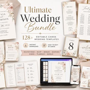 Pode incluir: Um conjunto de papelaria digital para casamentos com modelos editáveis para convites, menus, planos de mesa e planejadores. A coleção exibe detalhes florais, tipografia serifada e manuscrita, e inclui um laptop e um smartphone.