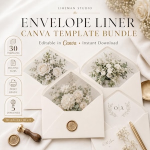 Puede incluir: Un paquete de plantillas Canva para forros de sobres de Liheman Studio con 30 plantillas en varios tamaños. El diseño muestra sobres de color crema con ilustraciones florales, un sello de cera y el texto "ENVELOPE LINER CANVA TEMPLATE BUNDLE".