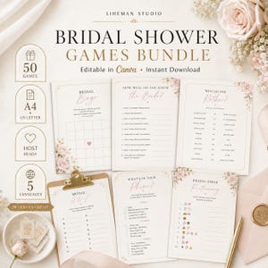 Peut inclure: Un ensemble de jeux pour fête prénuptiale comprenant cinq feuilles de jeux imprimables avec des motifs floraux et du texte incluant Bridal Bingo, How Well Do You Know the Bride, Would She Rather, Bridal A to Z, What's in Your Phone et Bridal Emoji Pictionary.