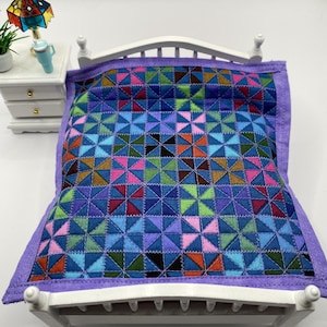 Homemade Dollhouse Patchwork Quilt Size 1:12 Mini Quilt, MUG RUG, Tiny Pinwheel Design