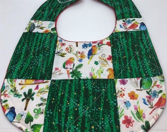 Beautiful Birds EXTRA WIDE Patchwork QUILTED Baby Bib Toddler Bib Adjustable Reversible