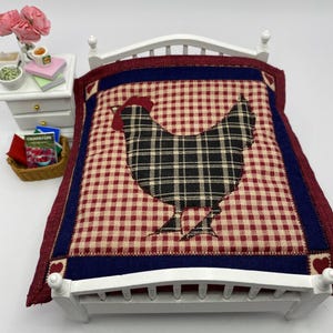 Homemade Dollhouse Patchwork Quilt Size 1:12 Mini Quilt, MUG RUG chicken