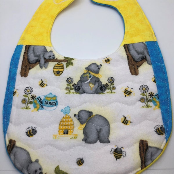 Sweet Honey Bear Flannel QUILTED Baby Bib Toddler Bib Adjustable Reversible Sustainable