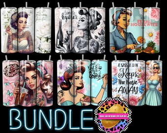 May include: A set of ten 20 oz stainless steel tumblers with various colorful designs featuring women with tattoos and inspirational quotes. The tumblers are perfect for everyday use and make a great gift.