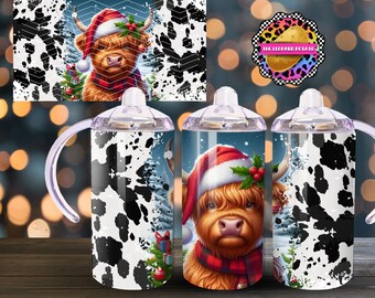 Highland Cow Christmas Sippy Cup Wrap PNG | 12oz Handled Toddler Tumbler Sublimation (Digital Download)