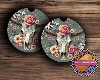 Cow Skull Car Coaster PNG: Floral Car Accessories (Digital Download)