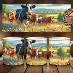 Cows in Pasture with Wildflowers | 2 High-Quality PNGs for 11oz & 15oz Mugs | Transparent Background | Sublimation Design | Farm Mug PNG