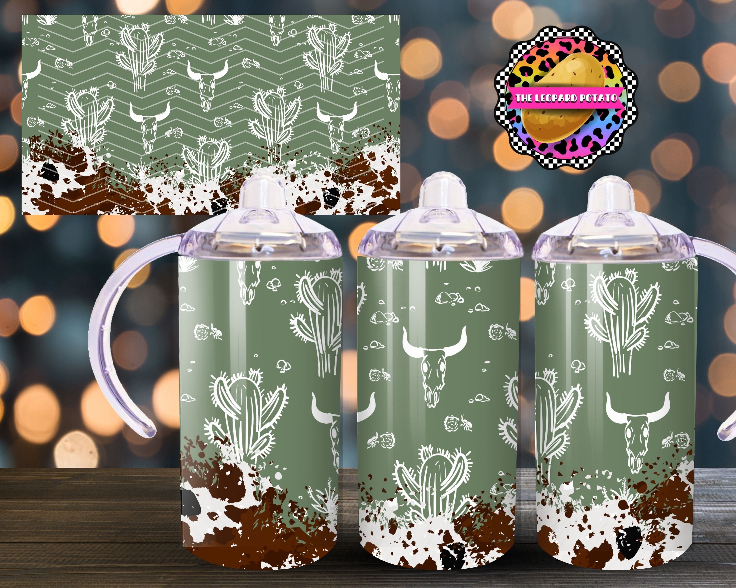 Green cow skull Sippy Cup Design - Kids Tumbler Design - 12oz Tumbler Sublimation Design- Flip Top Tumbler Wrap- Digital Download- PNG-